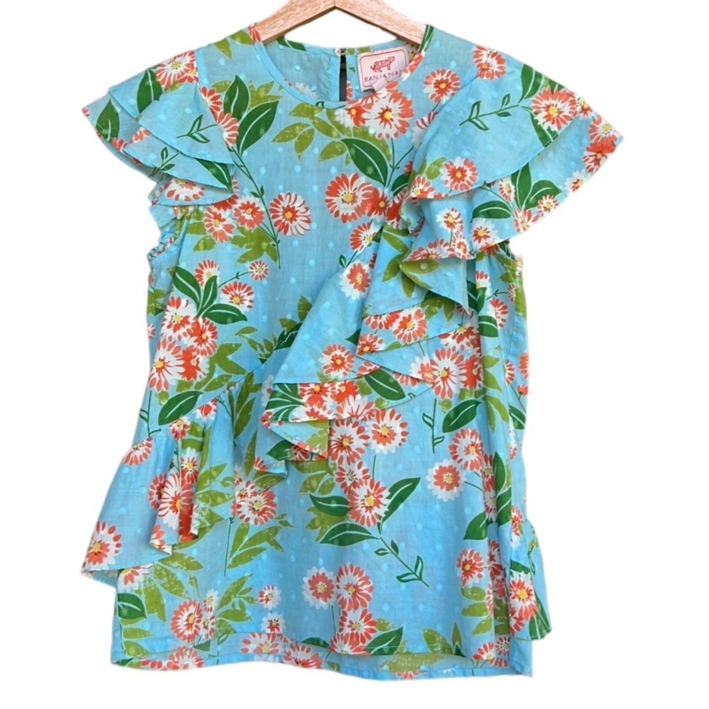 Banjanan Ascot Gavotte Floral Print Ruffle Sleeveless Top. Sz XS 100% Cotton